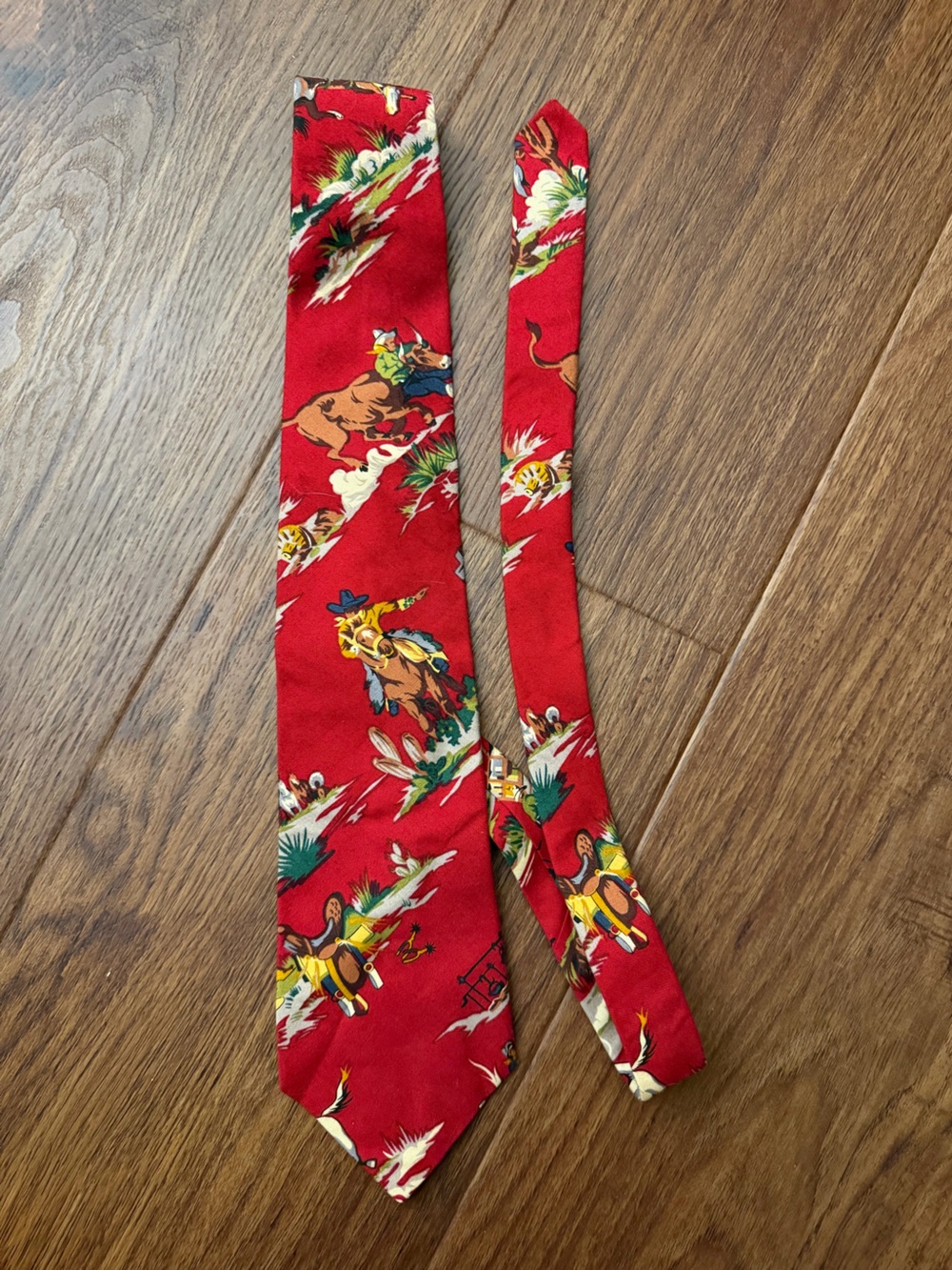 Sharon Young Red Western Cowboy Rodeo Horse Cactus Print Necktie